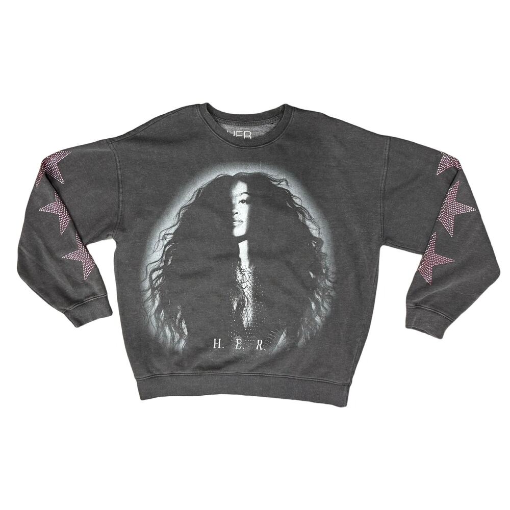 H.E.R. HER Charcoal Gray Pink Star Rhinestone Crew Neck Oversize Sweatshirt sz S - Picture 3 of 9